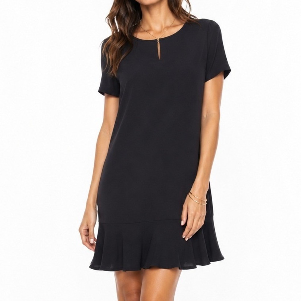 White House Black Market Black Ruffle Hem Keyhole Short Sleeve Shift Dress S